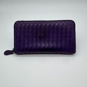 Bottega Veneta Purple Intrecciato Zip Around Wallet Authentic